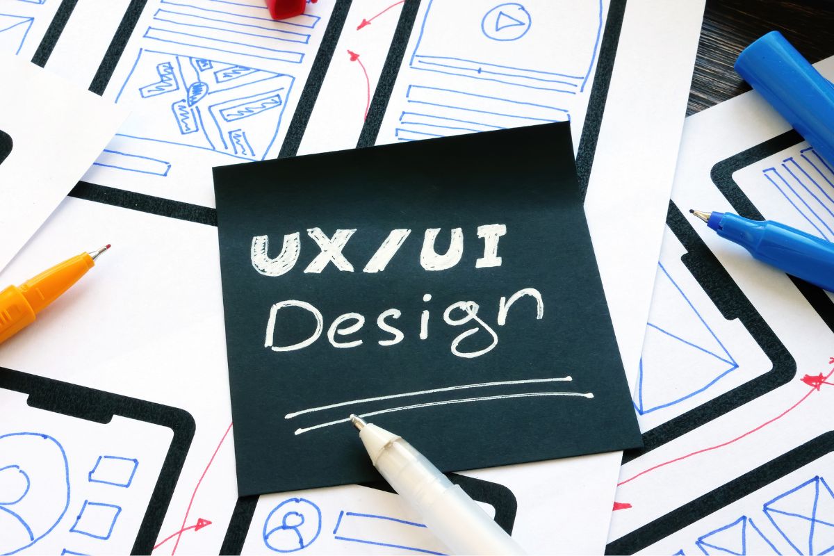 The picture shows papers, pens, and black paper with a UX/UI design note.