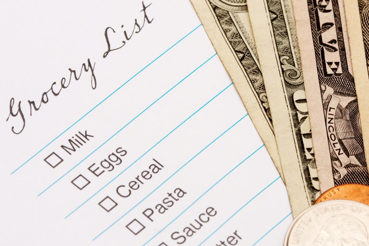 The picture shows dollar bills and a paper with a grocery list.