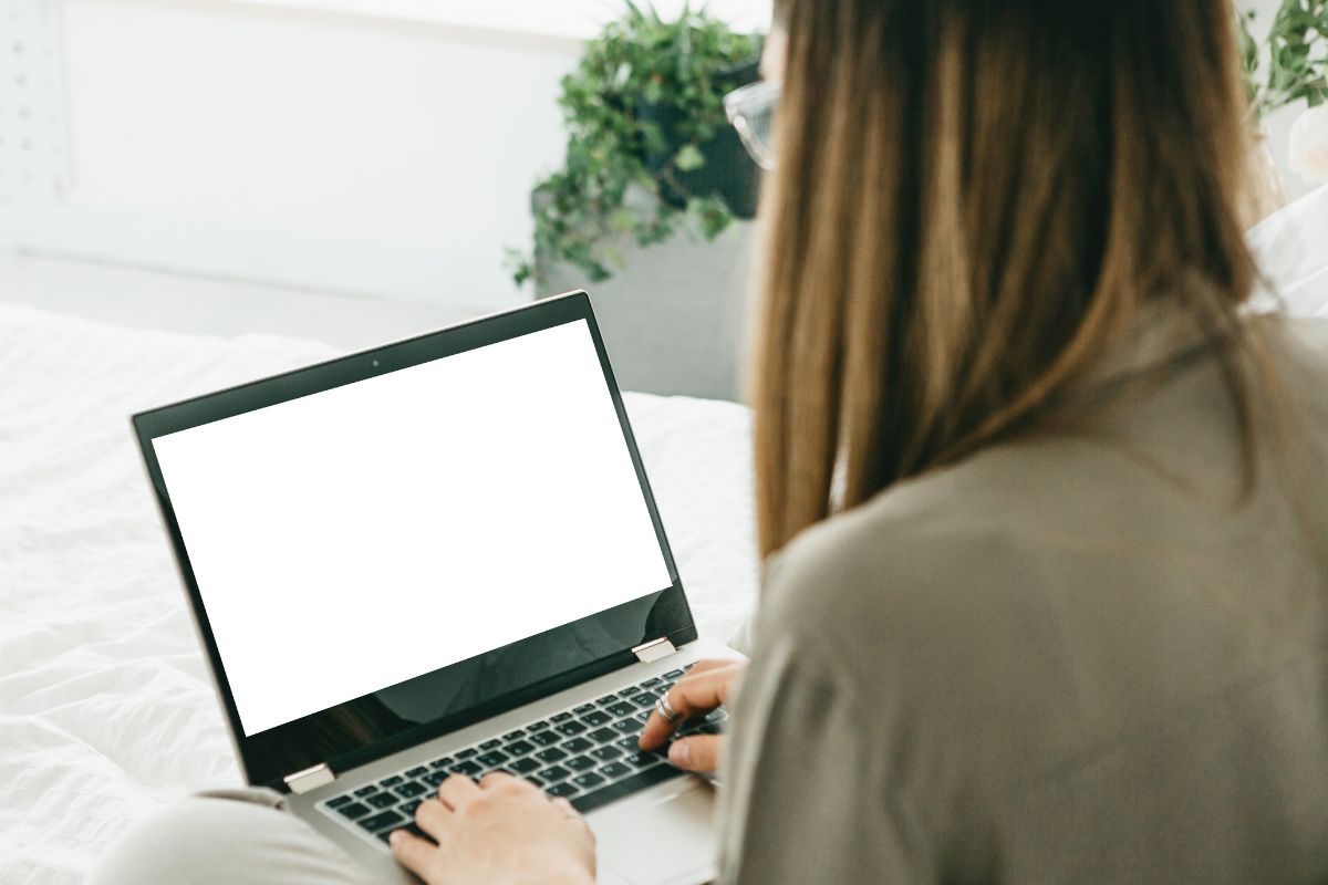 The photo shows a lady using a laptop.