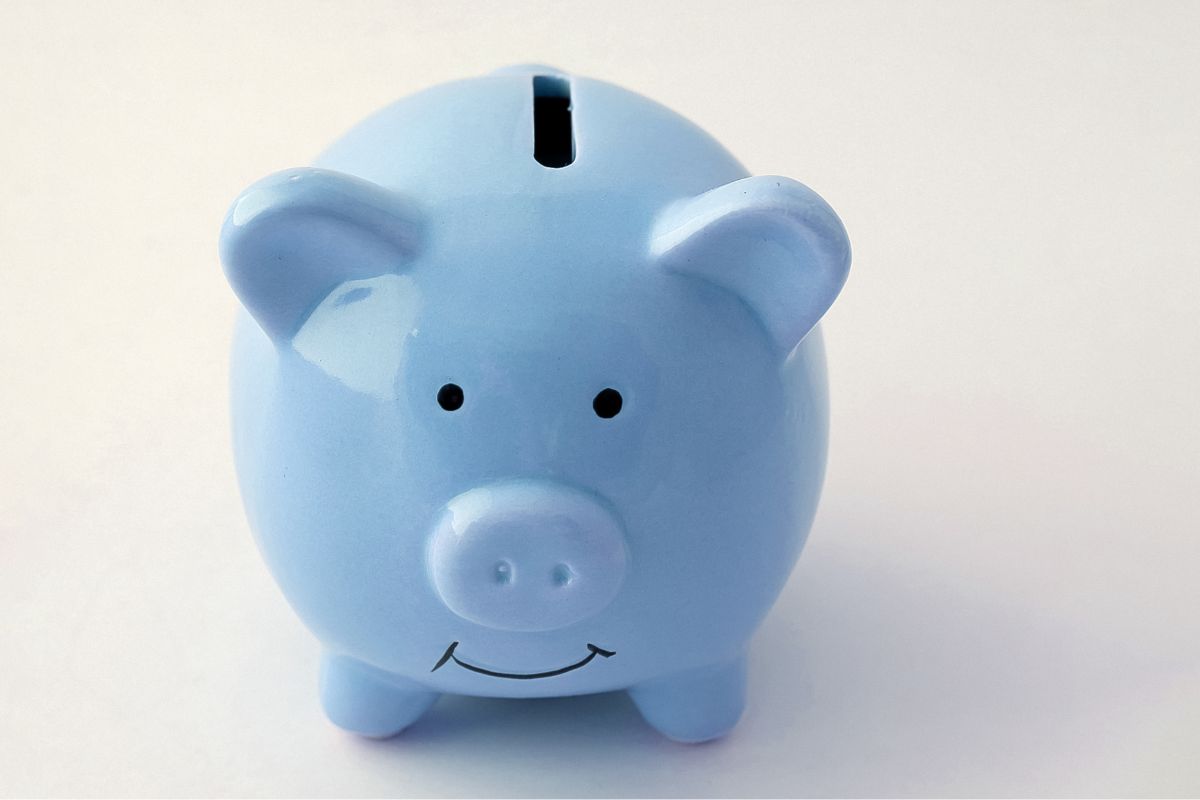 The photo of a blue piggy bank.
