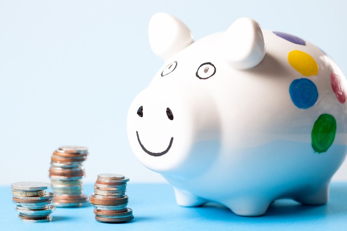 The picture shows a stack of coins and a piggy bank.