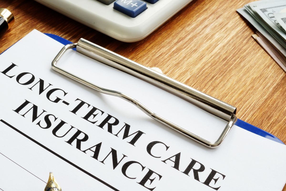The image shows a clipboard with long-term care insurance notes.