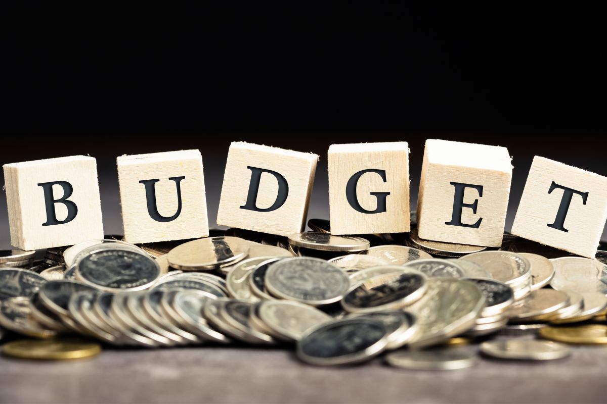 The image of coins and wooden cubes with budget combined letters.