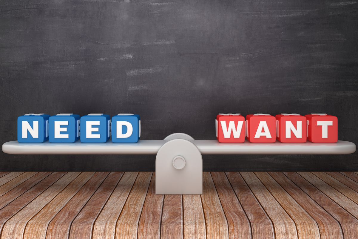 The image shows of seesaw scale for needs over wants.