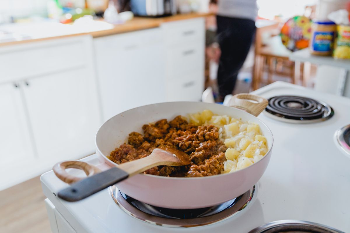 The picture shows cooking a simple meal.