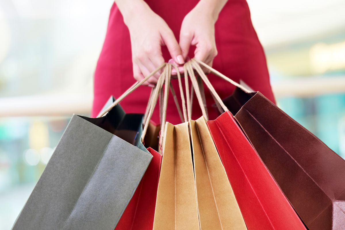The image shows a lady's hand holding shopping bags. 