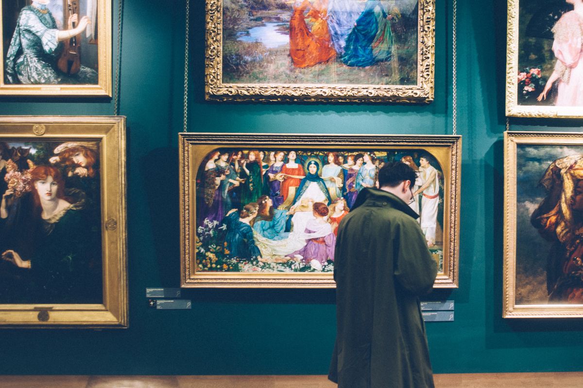 A picture of someone in a museum. 