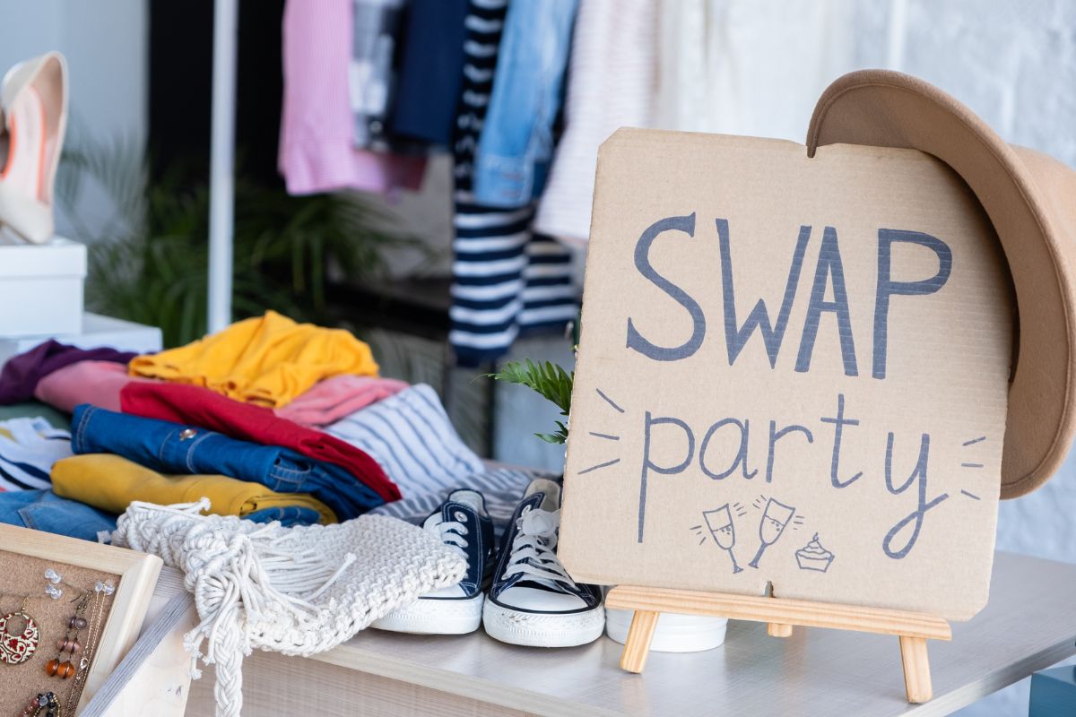 A picture of a swap party. 