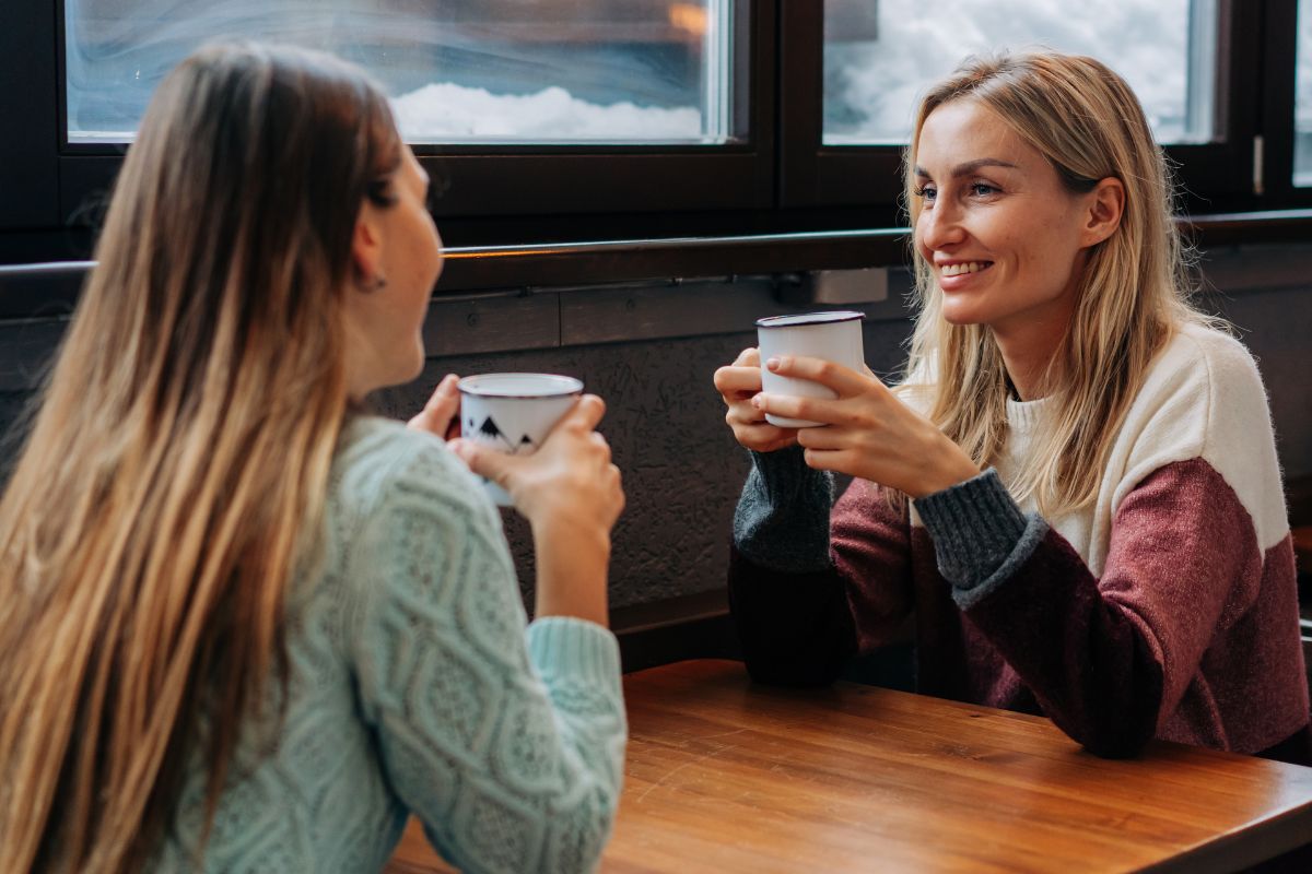 A picture of friends talking to each other.