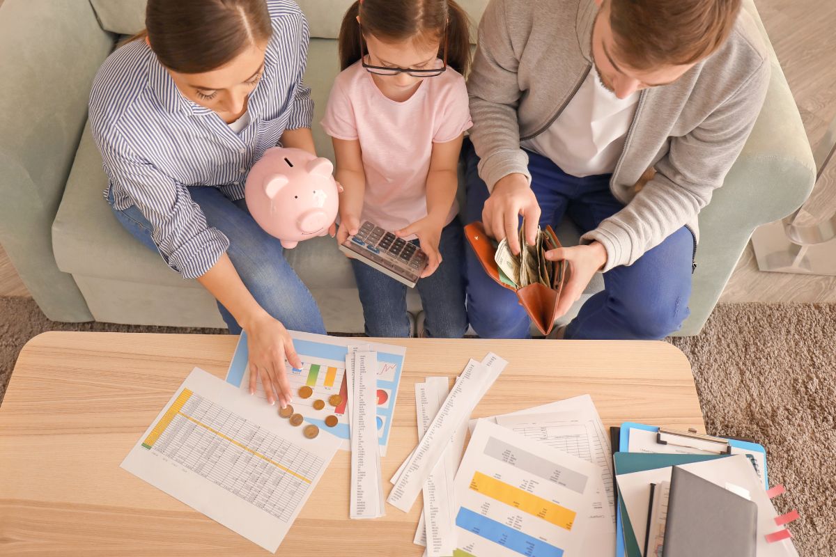 A picture of a family checking their finances.