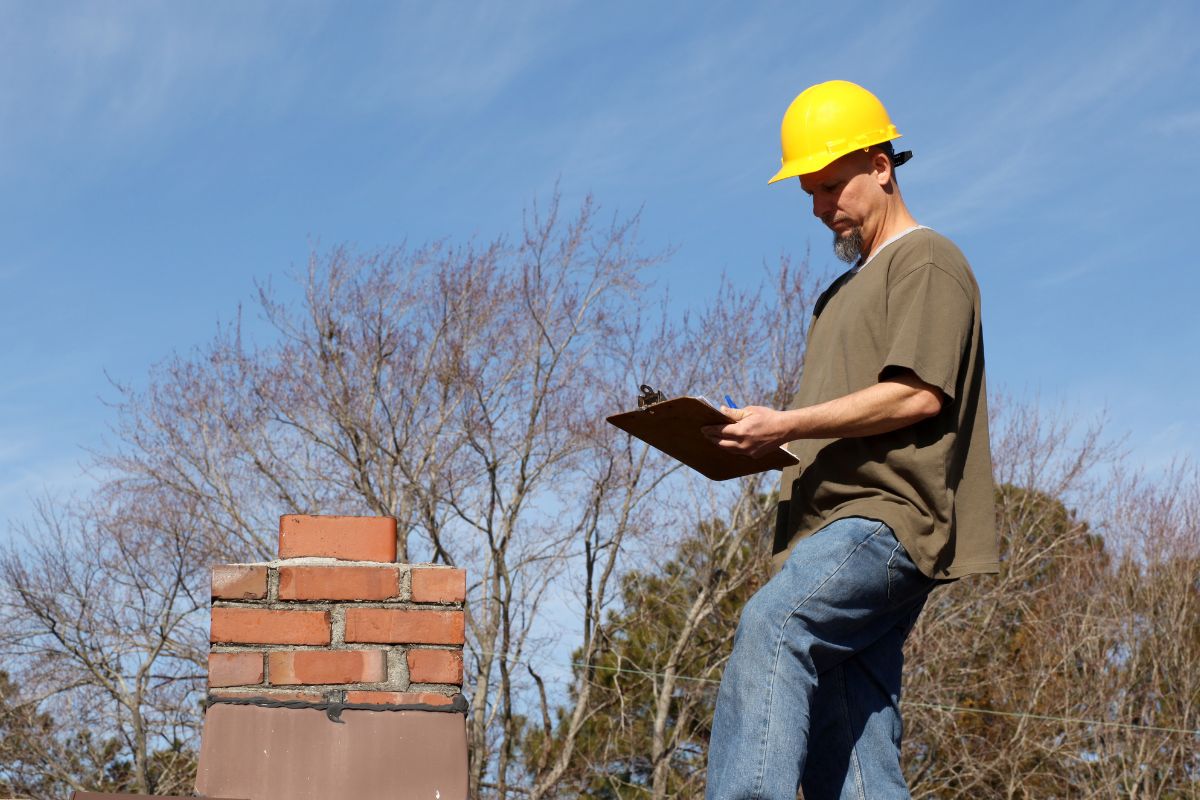 A picture of someone doing chimney inspection.
