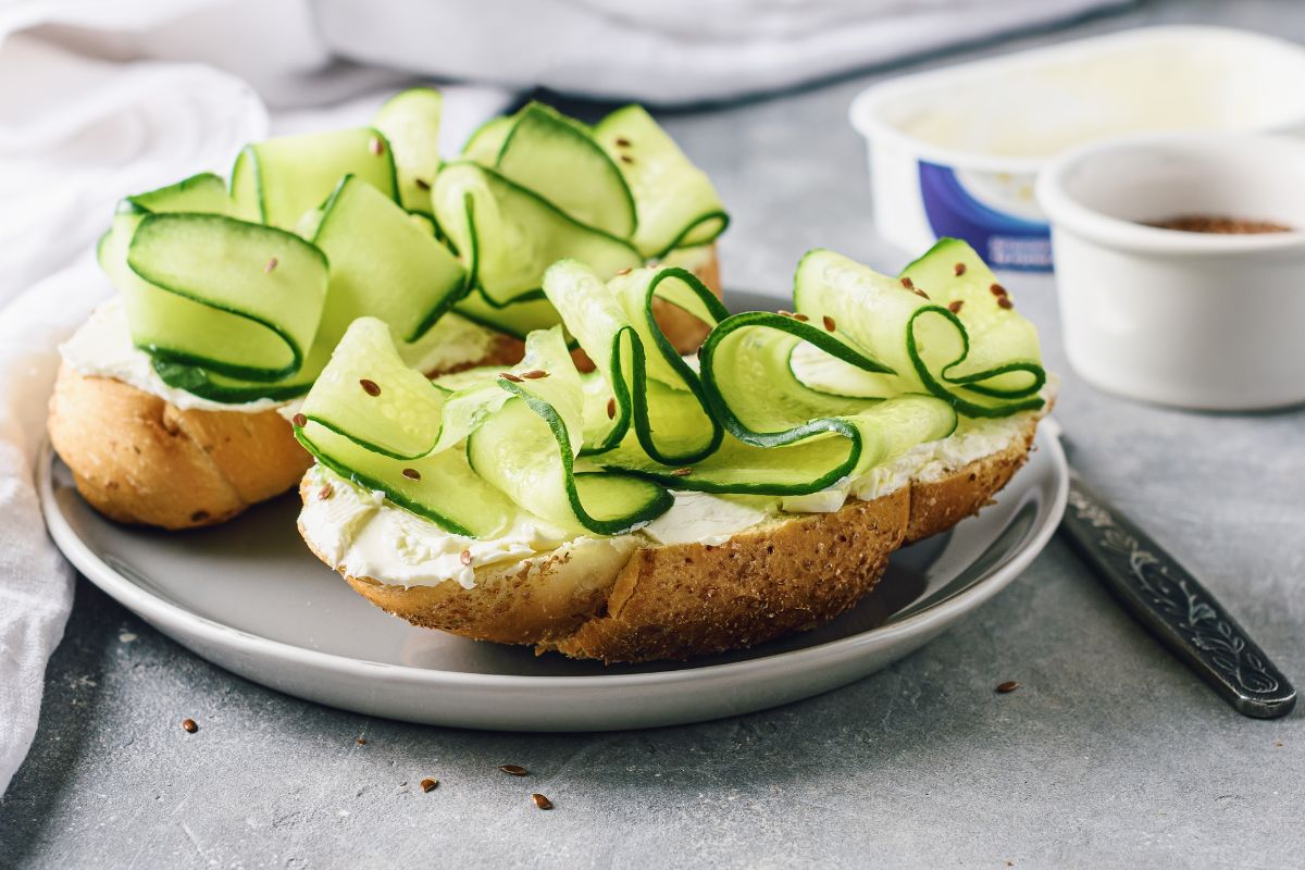 A picture of Cucumber and cream cheese sandwiches.