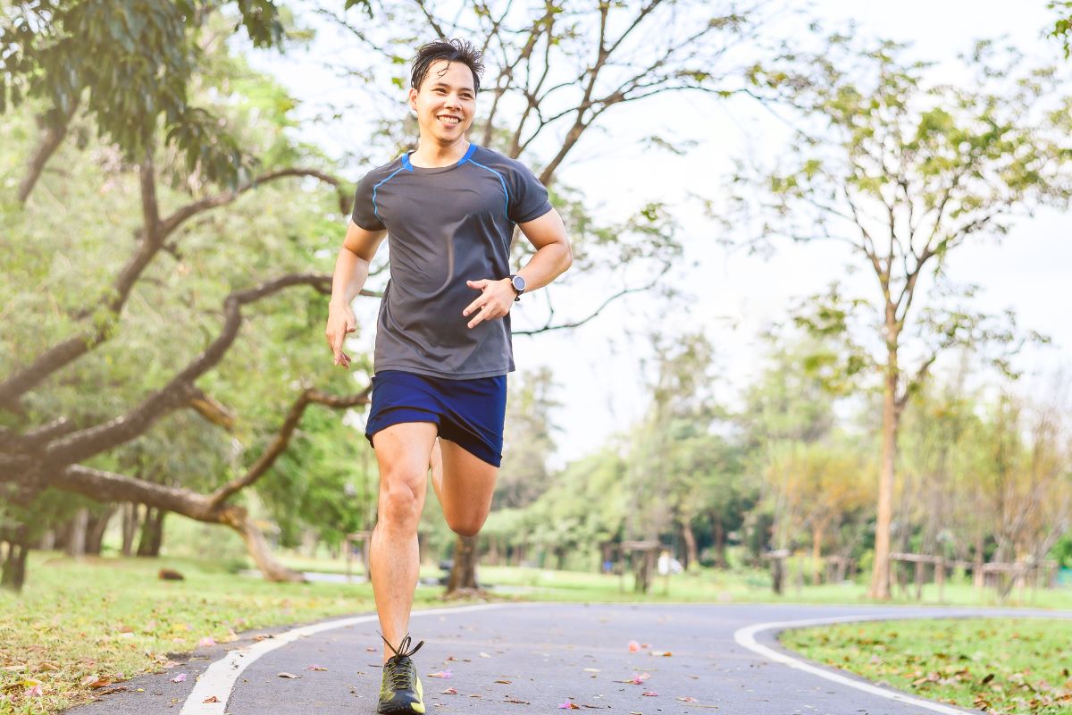 A picture of someone jogging happily.