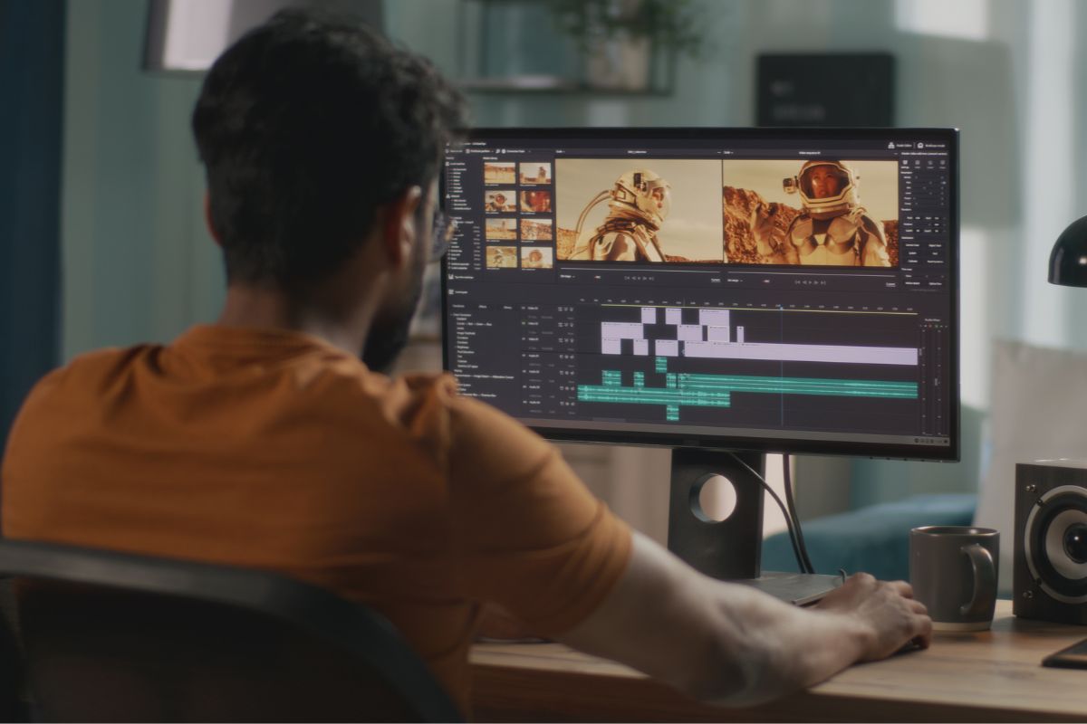 A picture of someone editing videos.