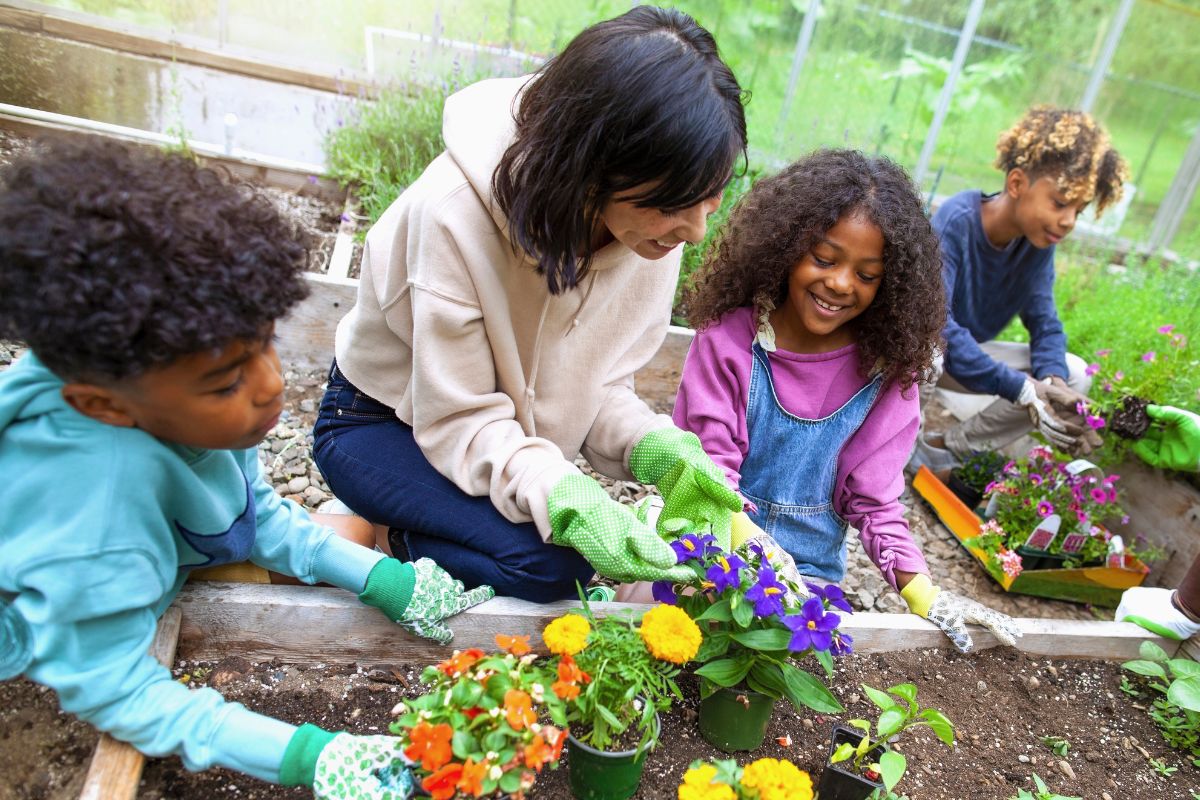 A picture of a family doing gardening. 