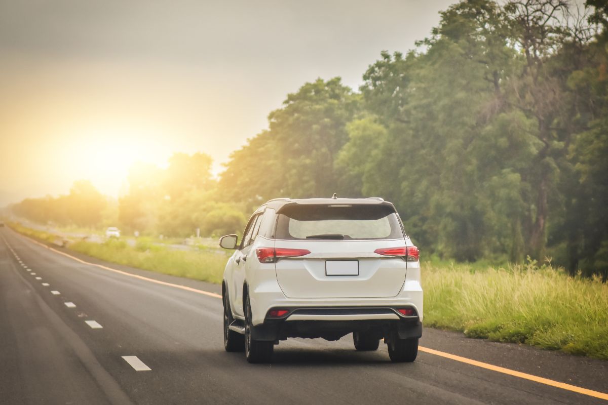 A picture of a car on the highway. 