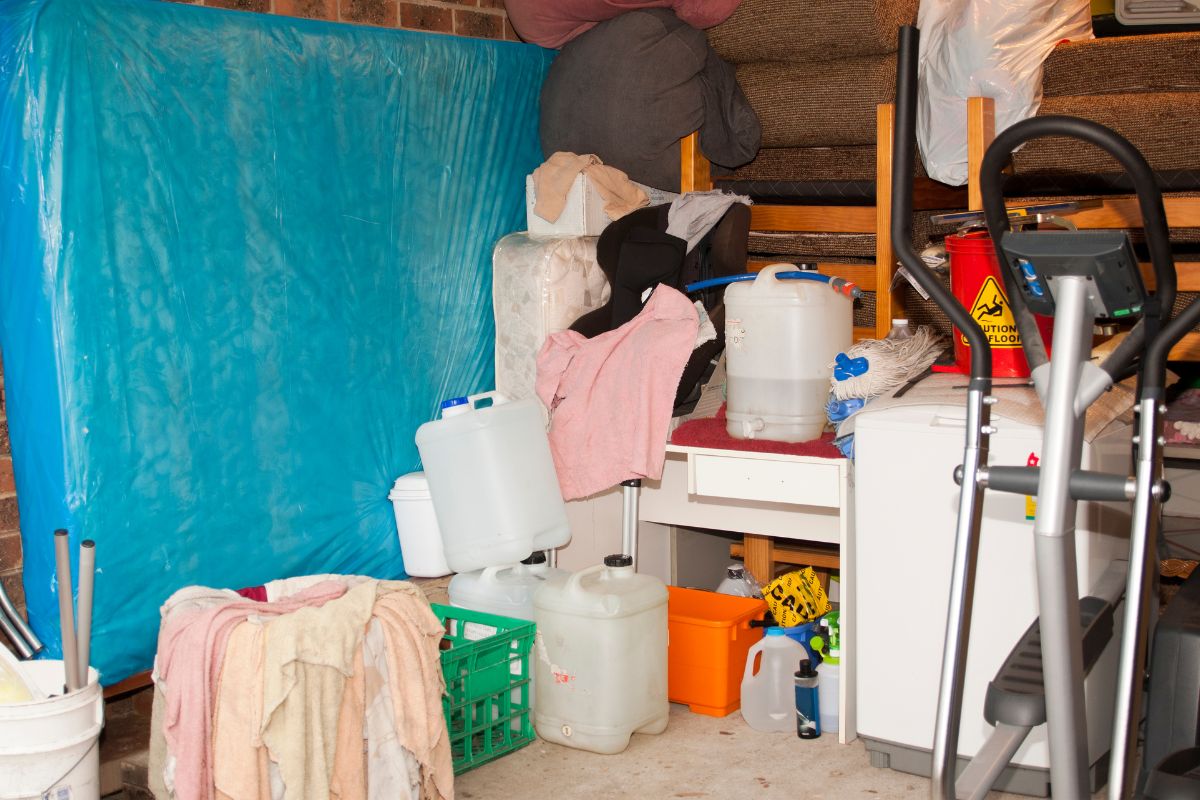 A picture of an unorganized garage. 
