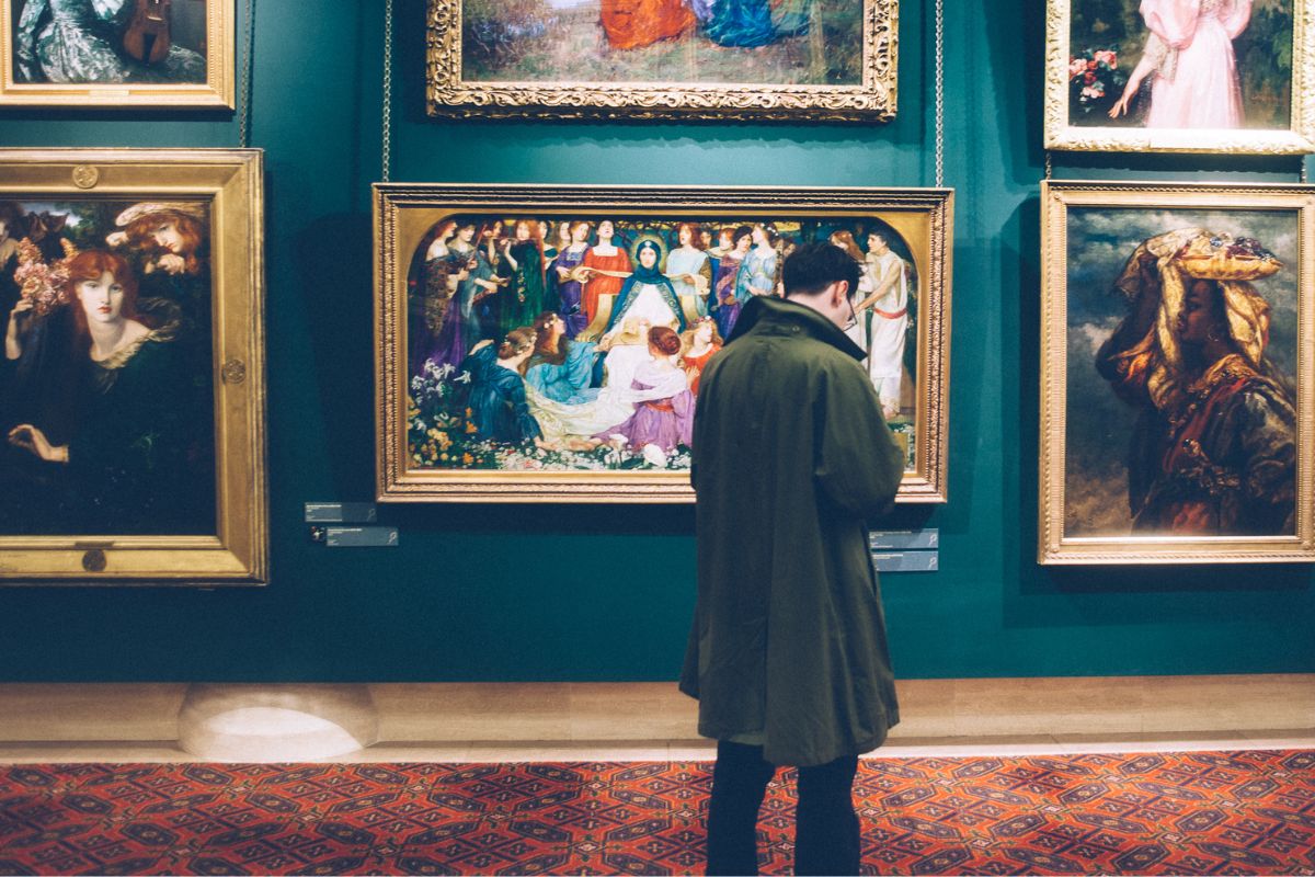 A picture of someone in a museum. 