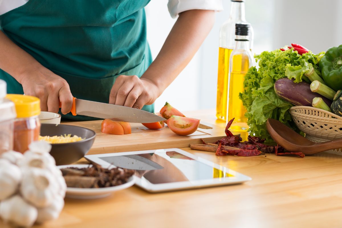 A picture of someone cooking at home. 