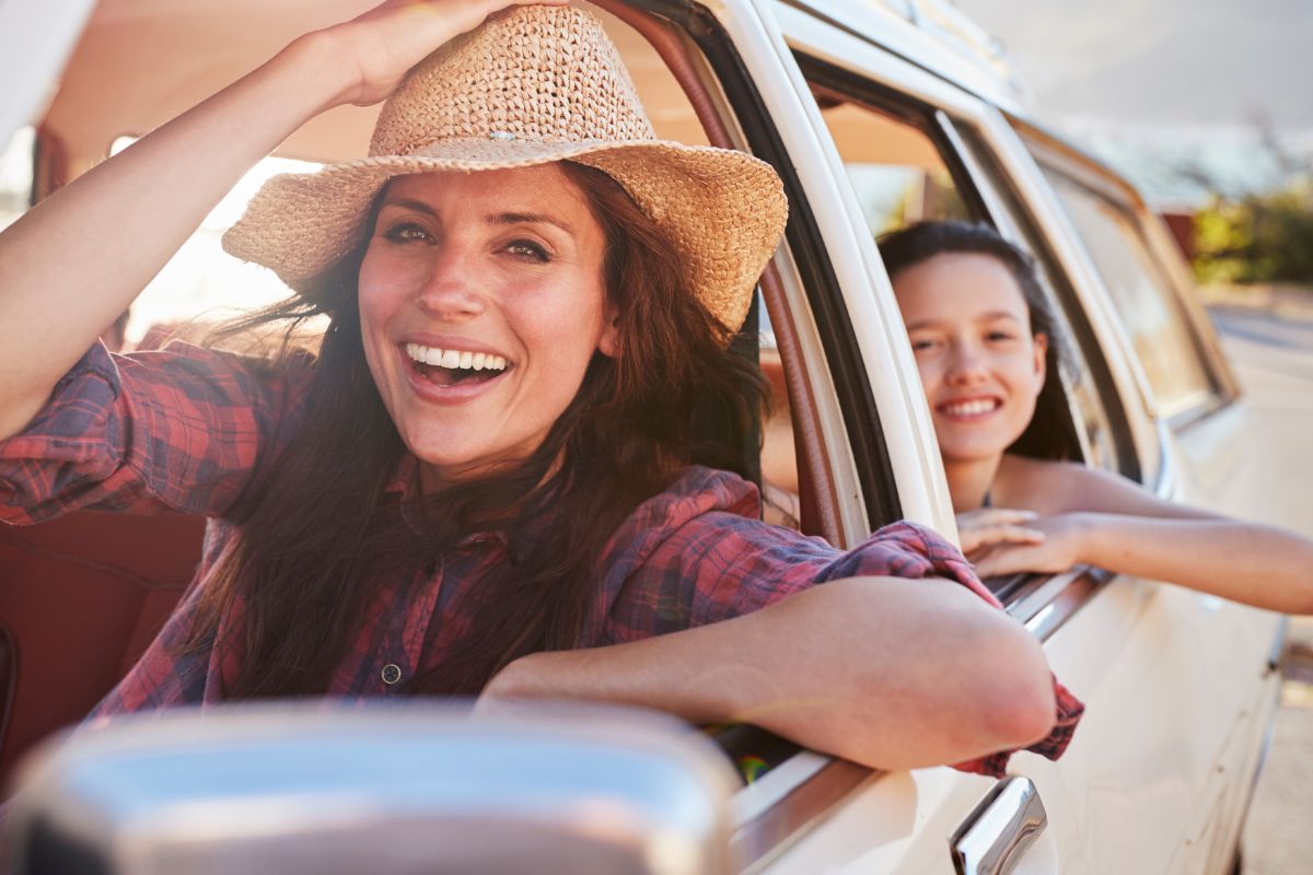 A picture of people having a road trip. 