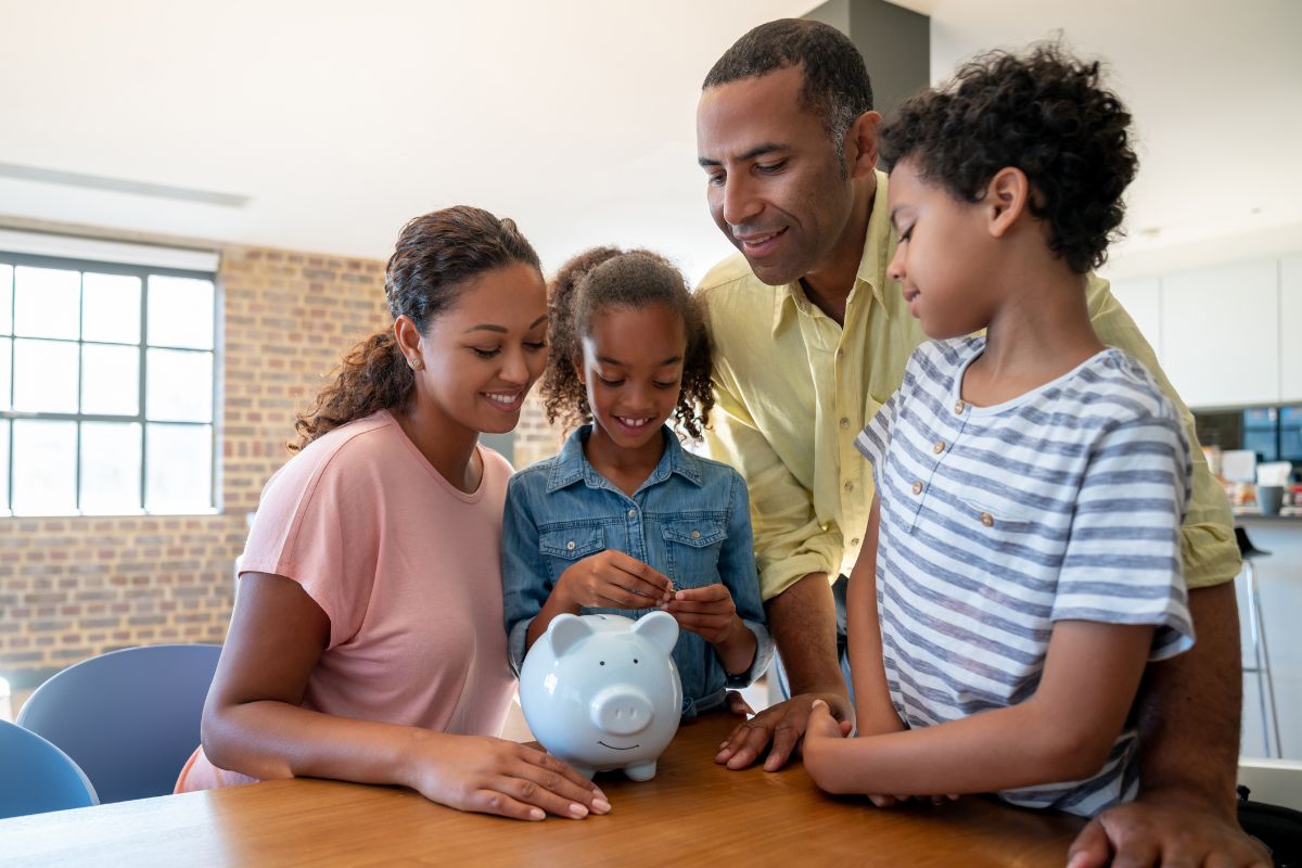 A picture of a family saving up. 