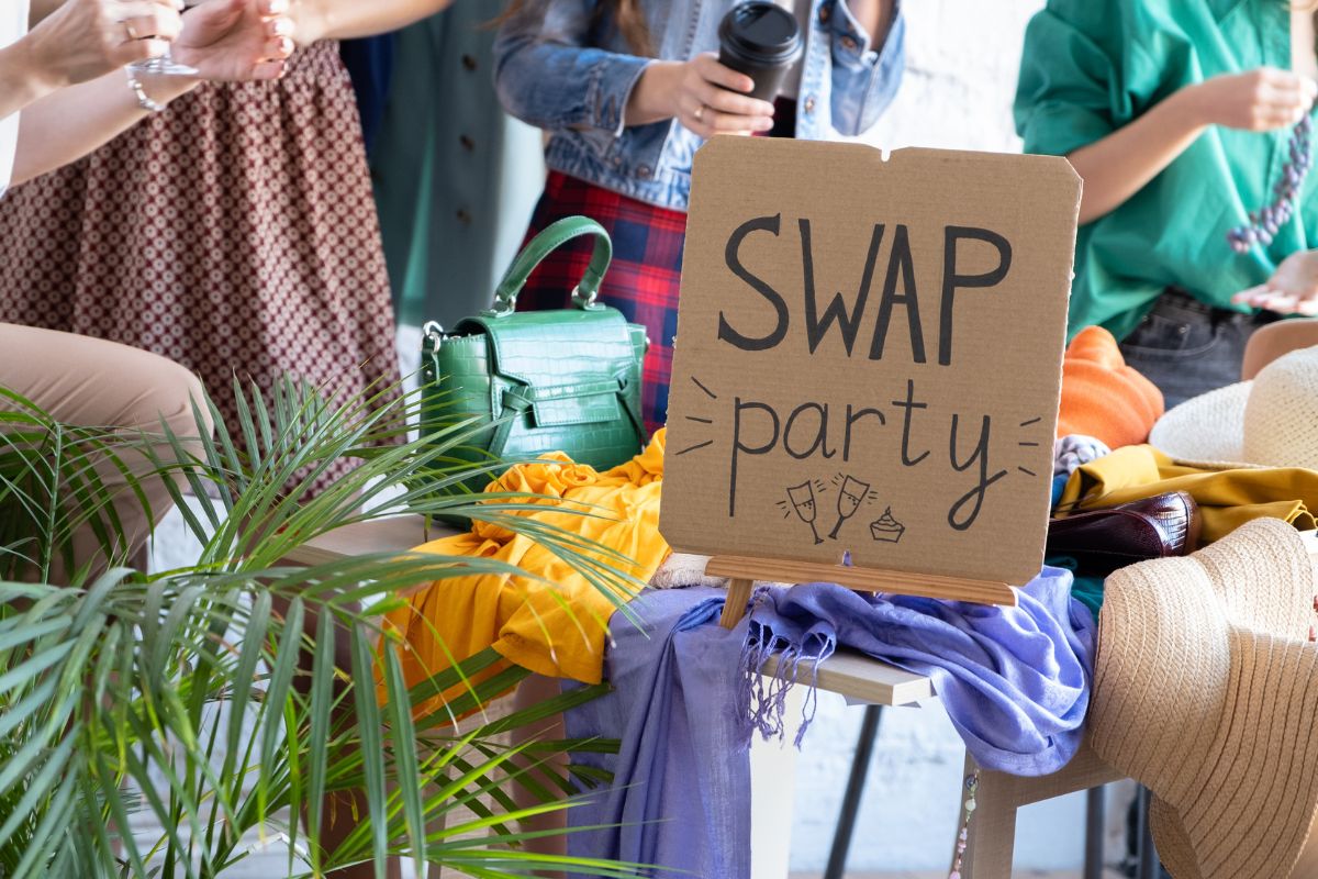 A picture of a swap party. 