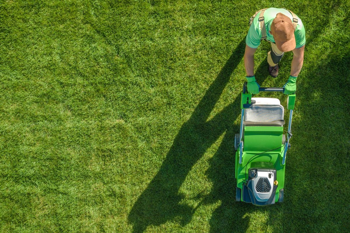 A picture of someone mowing a lawn. 