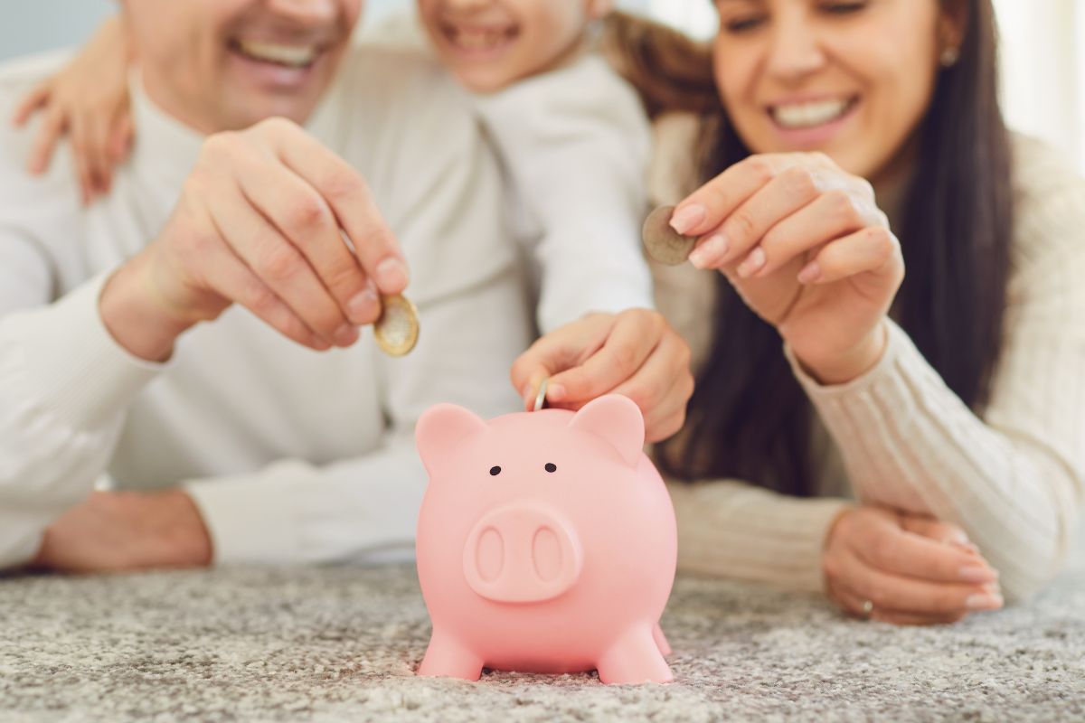A picture of a family saving money. 