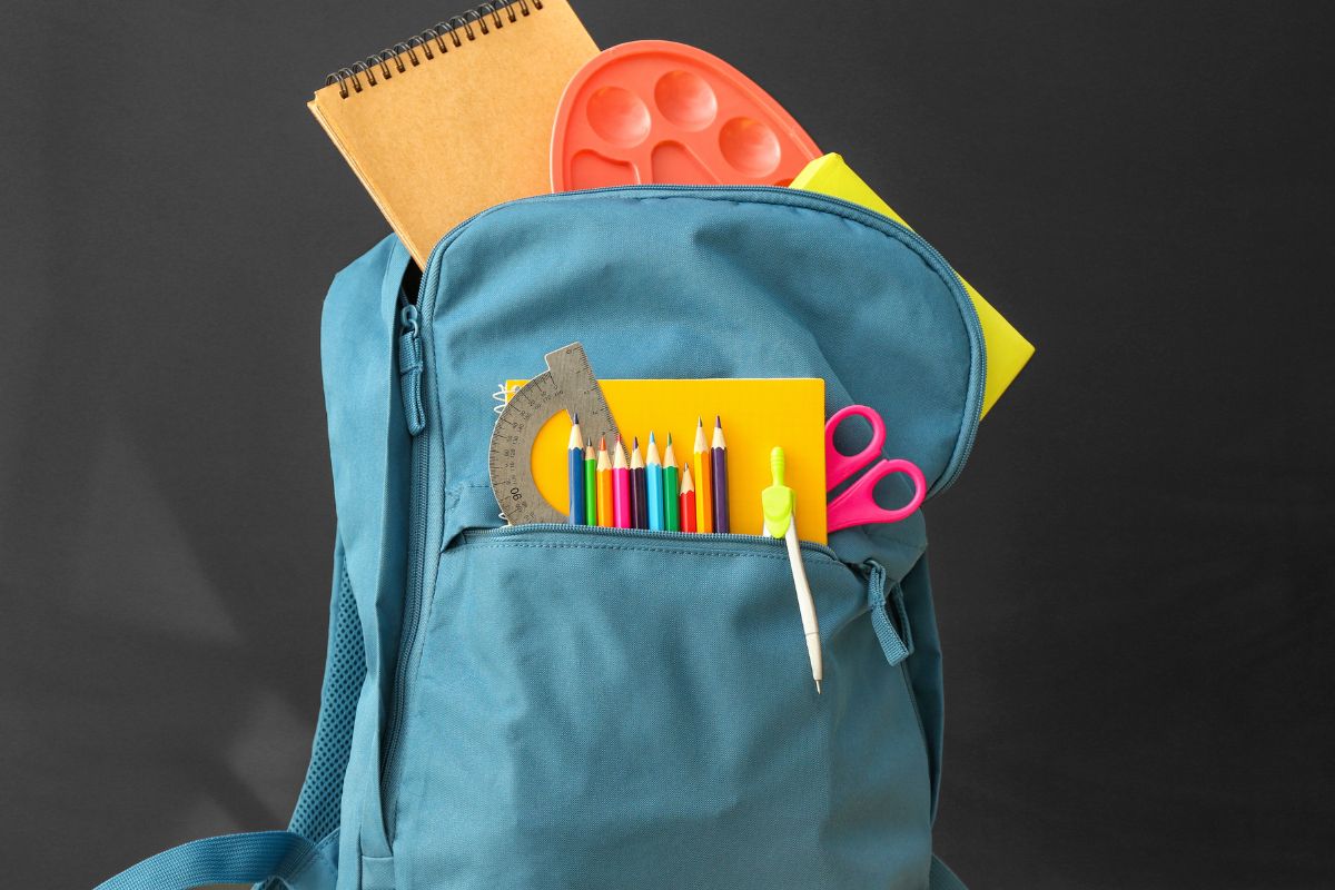 A picture of a school bag with stuff inside.
