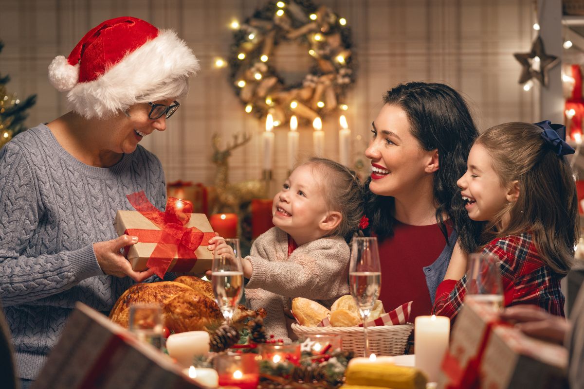 A picture of a happy family during Christmas. 
