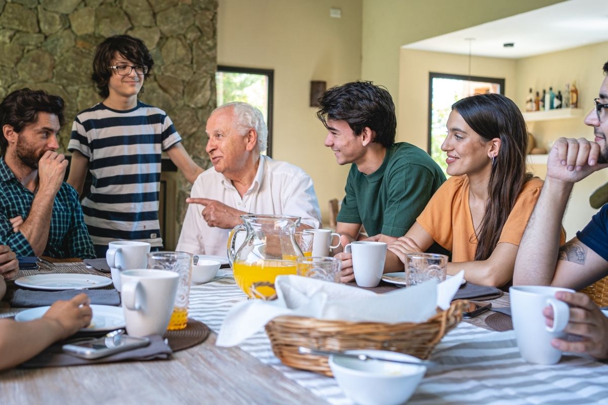 Picture of a family talking. 