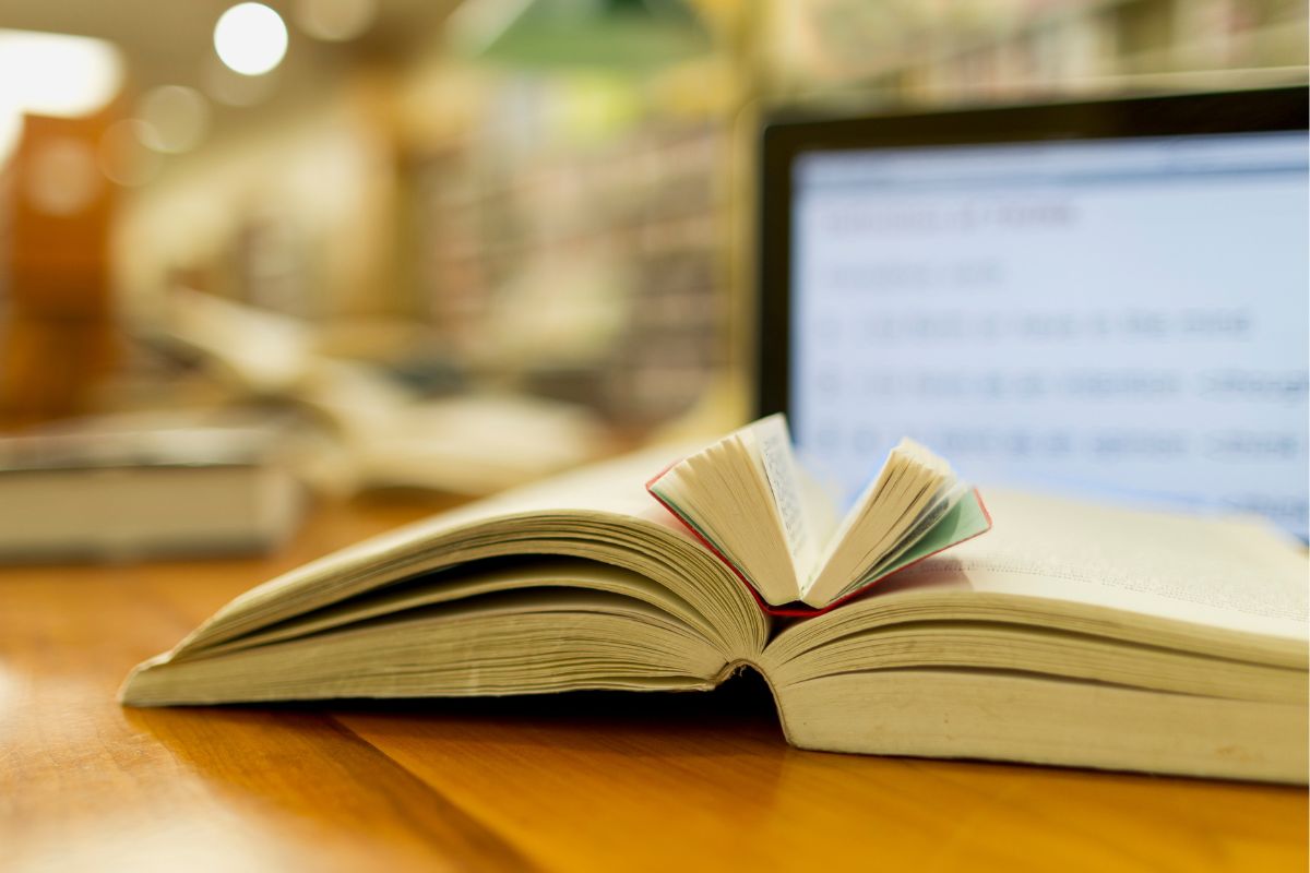 A picture of a book in the library. 