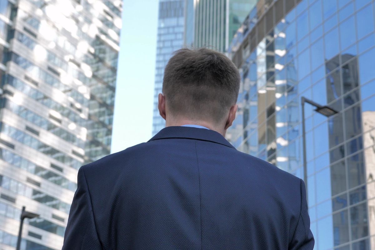 A picture of someone in a big city.