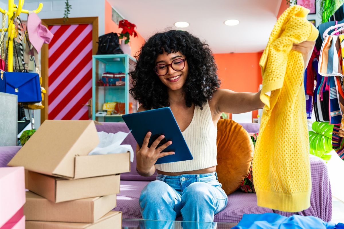 A picture of someone selling clothes.
