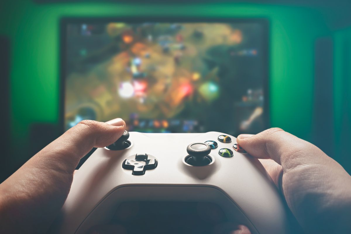 A picture of someone playing video games.