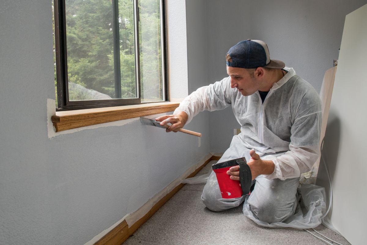 A picture of a man painting a house.
