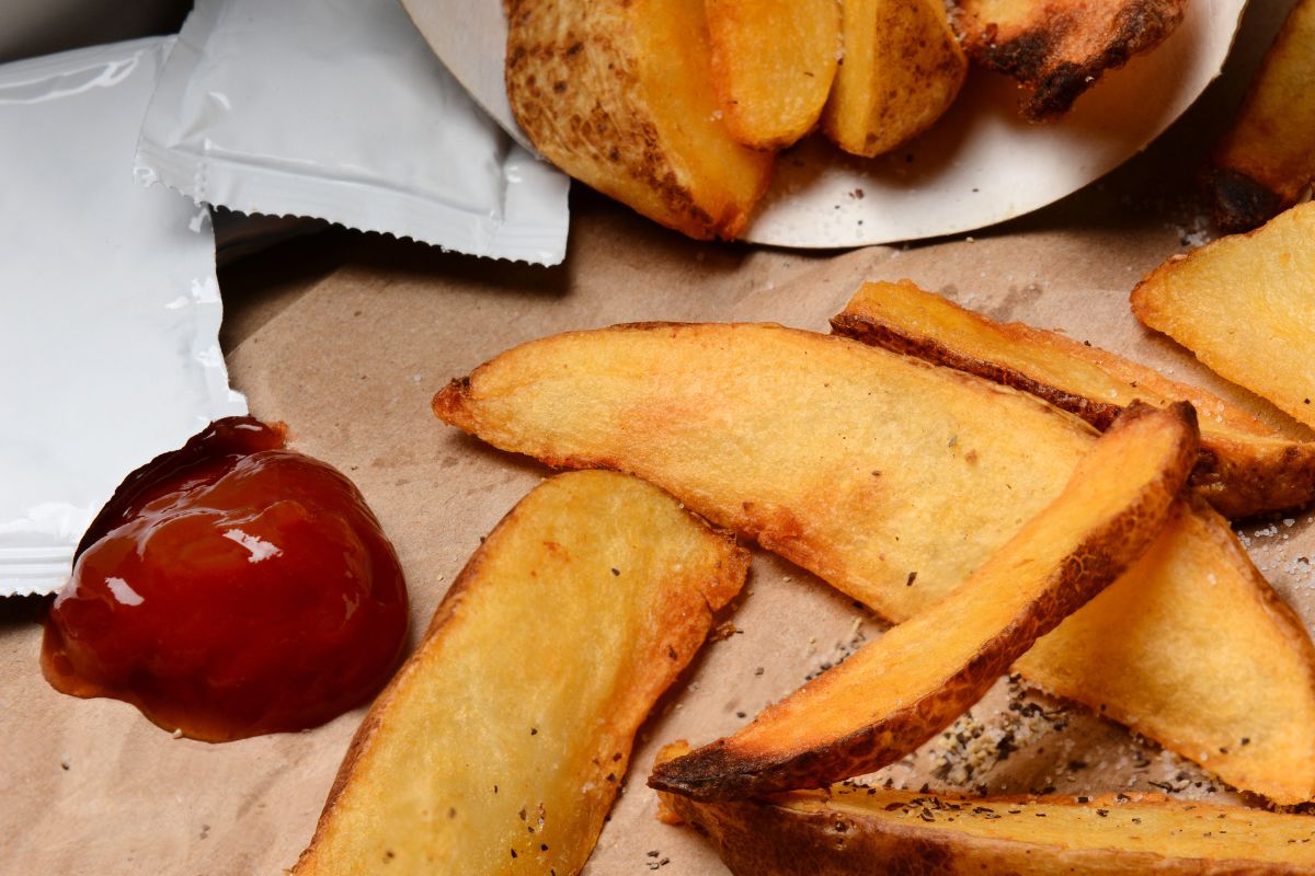 A picture of potato wedges with tomato ketchup on the side.
