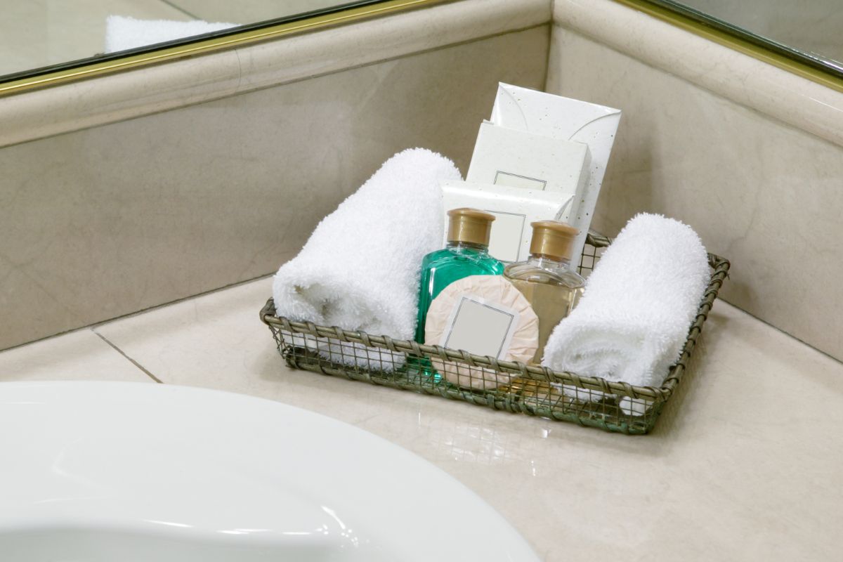 A picture of a hotel bathroom kit.