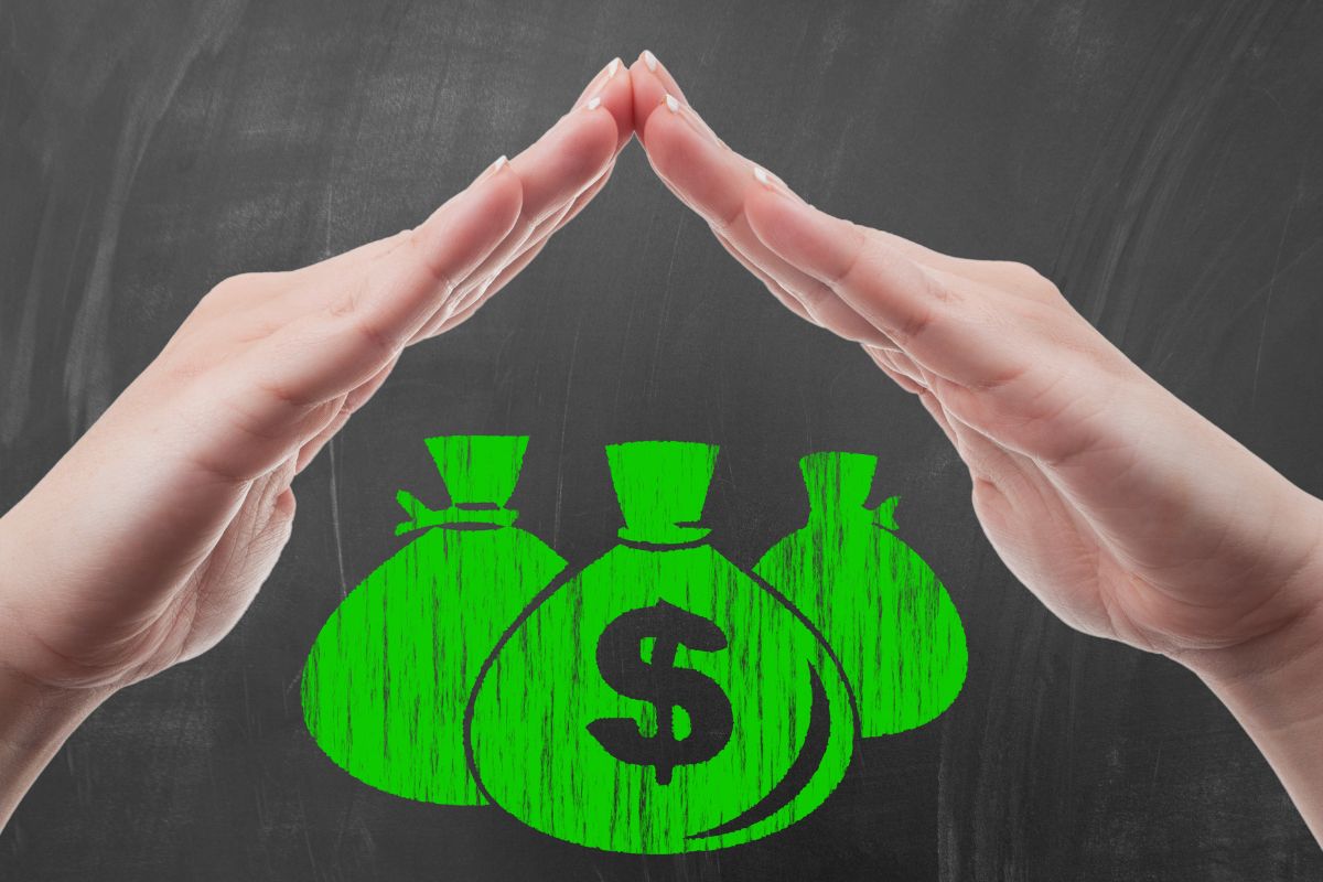 An image shows a woman's hand protecting her money.