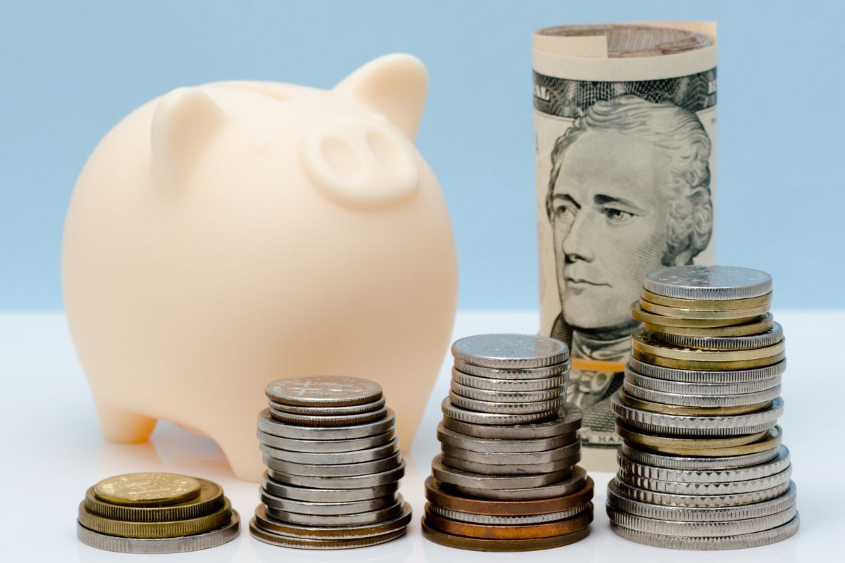 A picture shows money and a piggy bank.