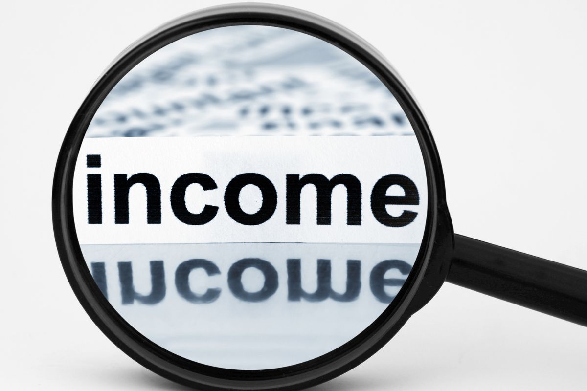 A picture shows a magnifying glass and an income word.