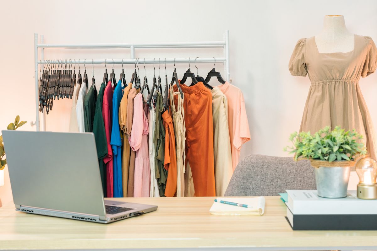 A picture of displayed clothes to sell online.