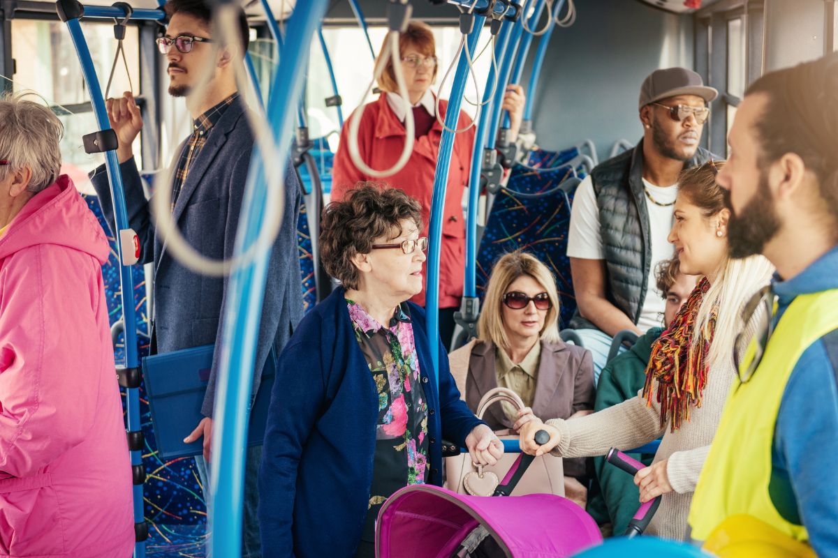 A picture shows passengers in public transit.