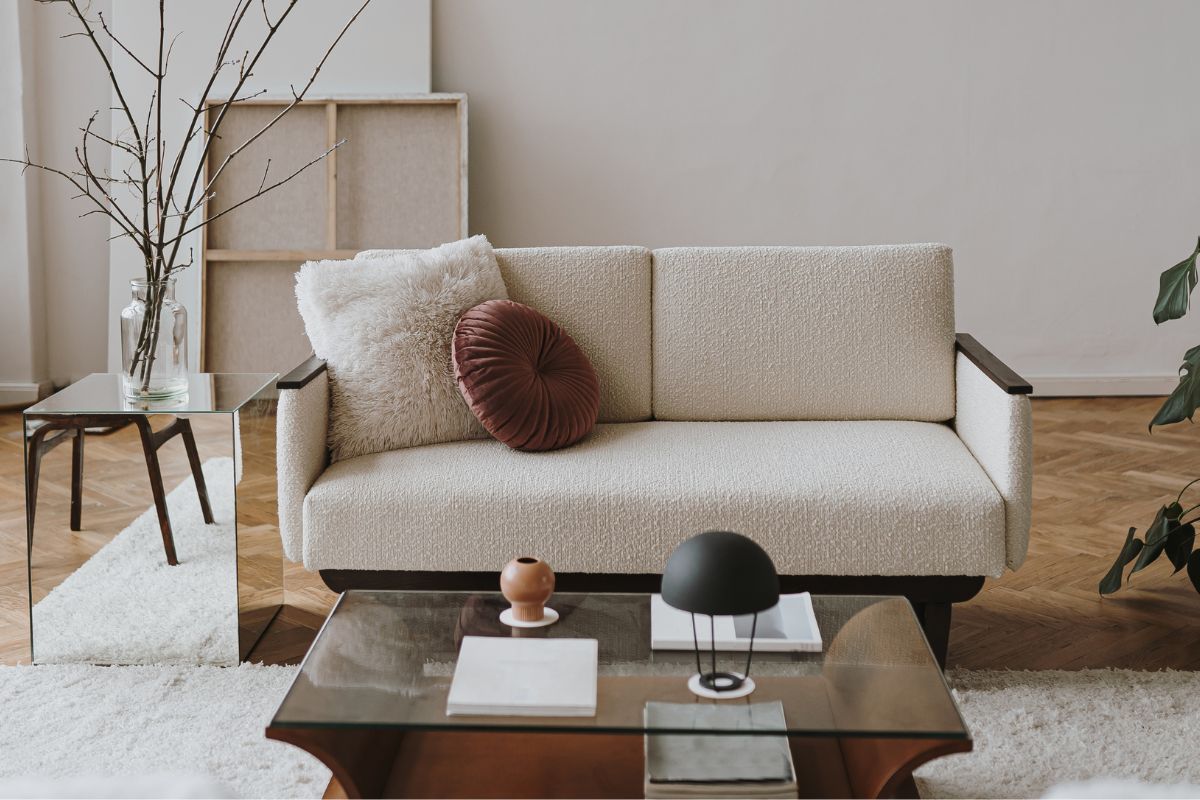 A picture tells about the furniture in the living room.