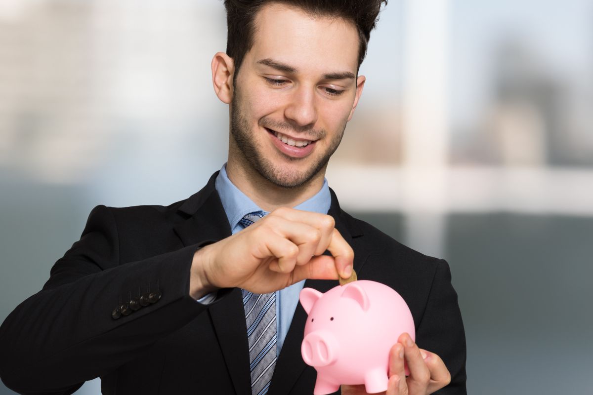 A picture of a man with formal wear saving up.