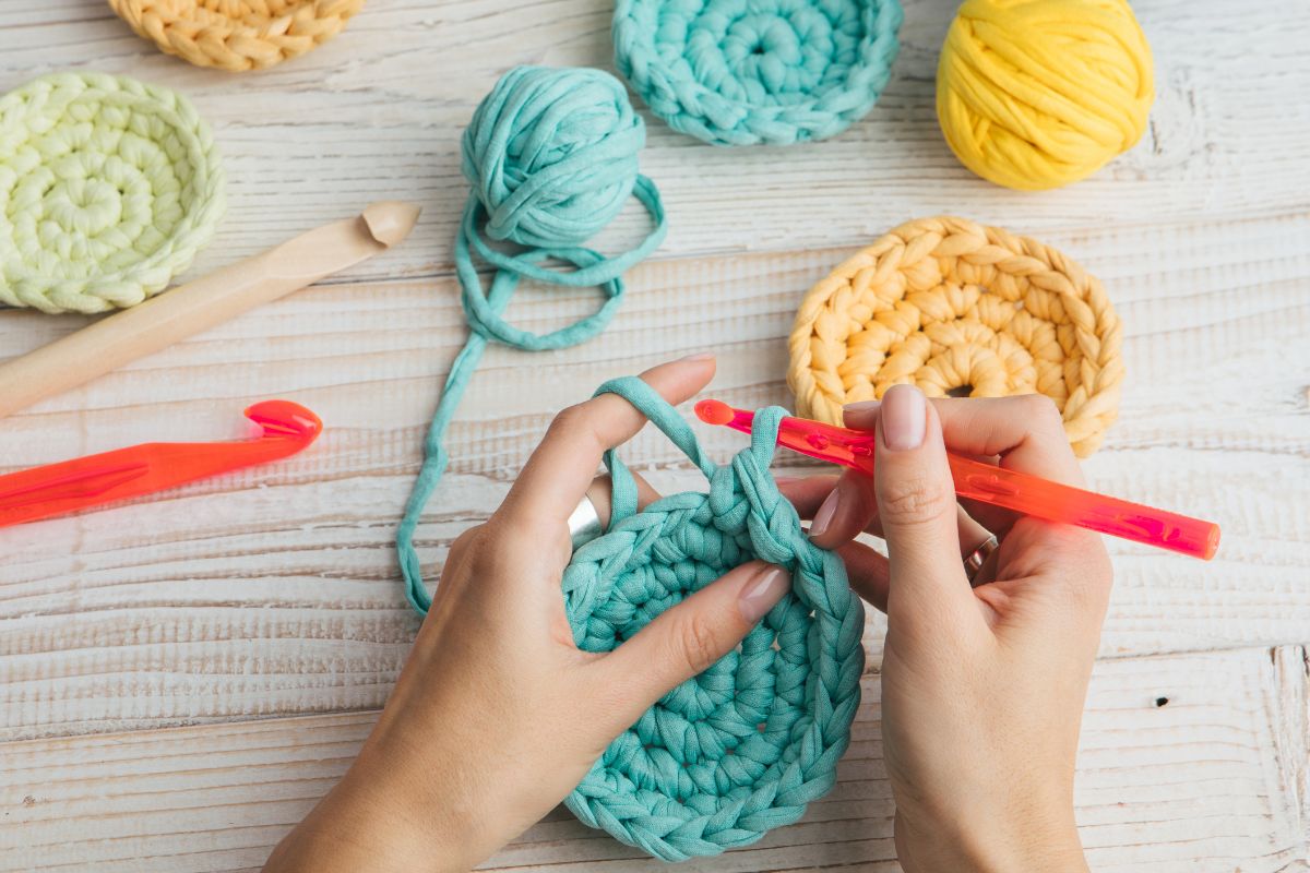 A picture of someone crocheting.
