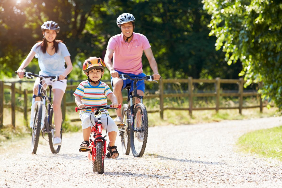 A picture of a family cycling.