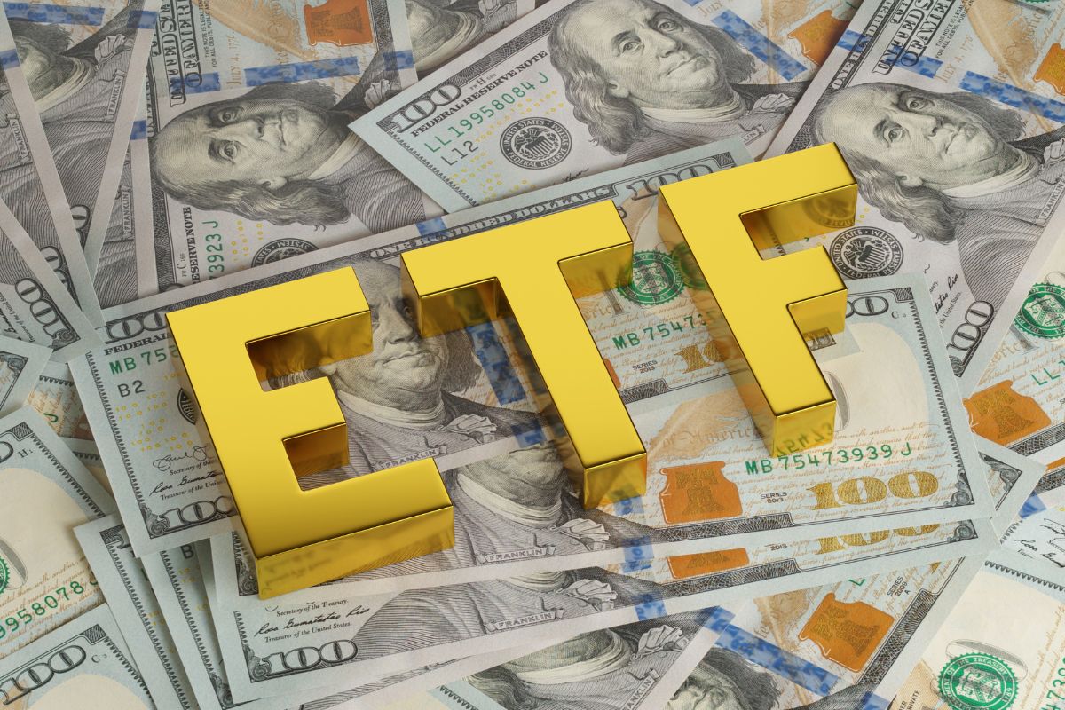 A picture of a large ETF sign.
