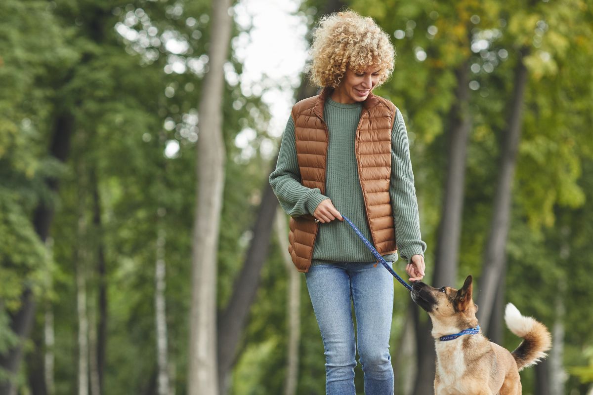 A picture of someone walking their dog.