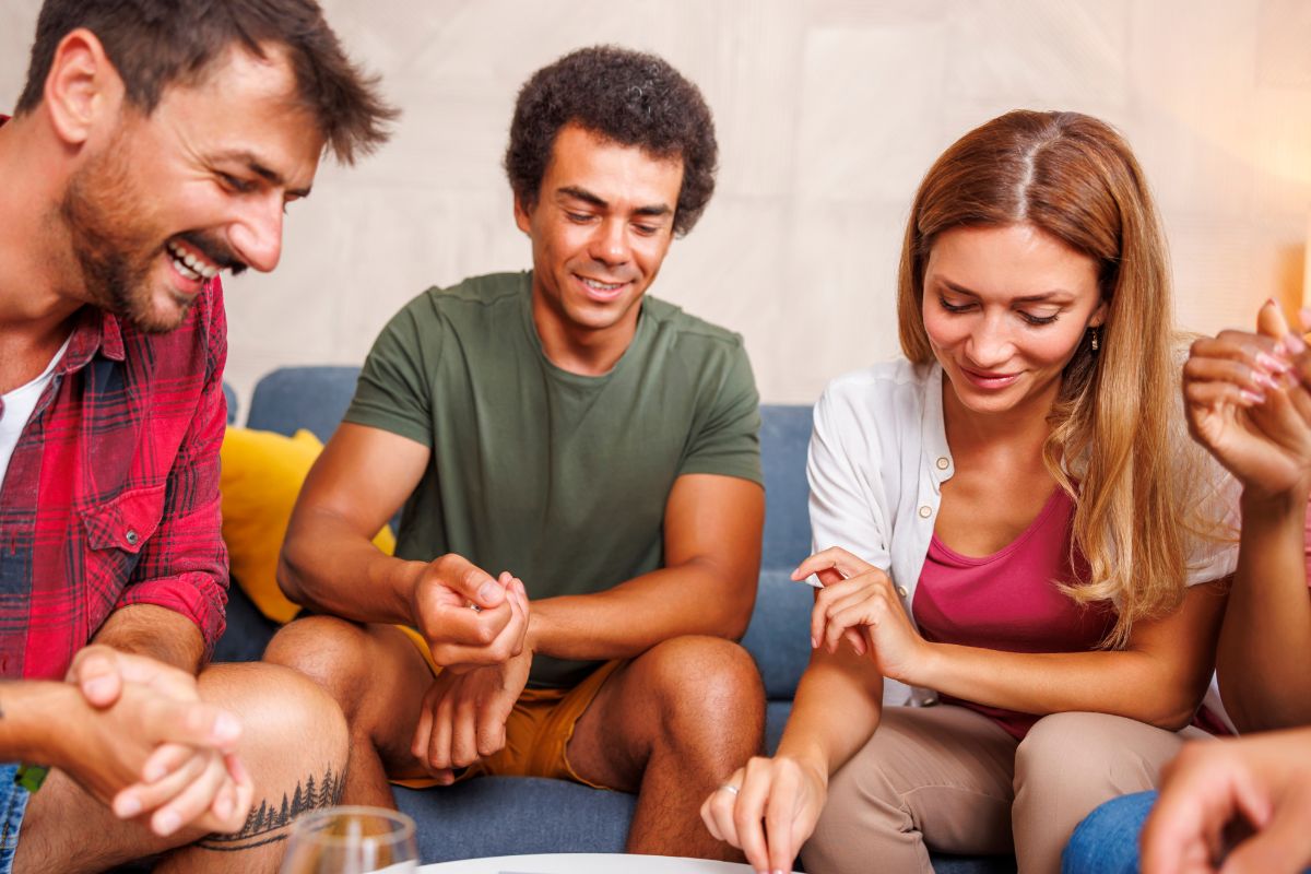A picture of friends playing board games.